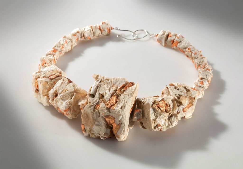 Korean Kube Necklace – mulberry paper with bronze leaf and sterling silver wire closure