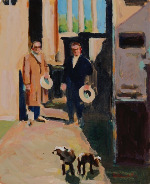 Two Men Two Dogs oil on paper 14 x 11 inches